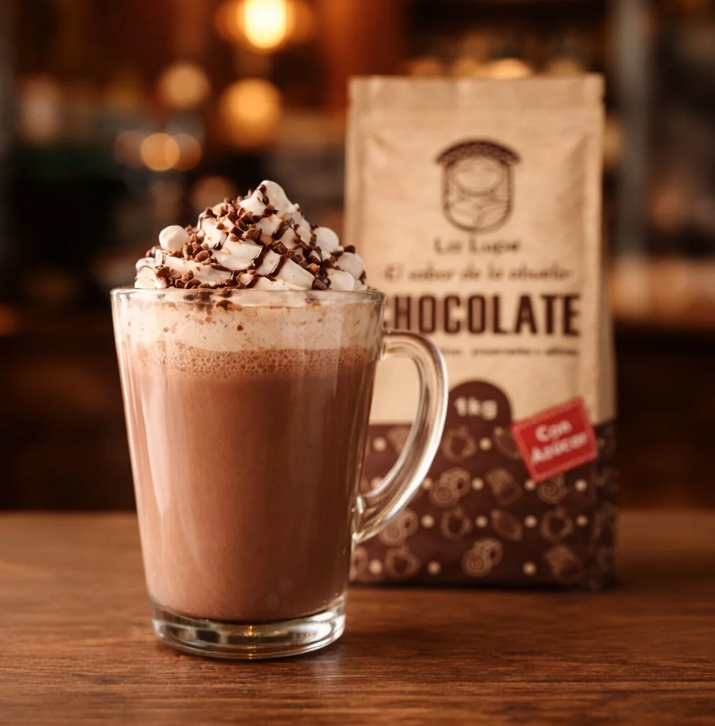 Chocolate caliente La Lupe, bolsa y taza humeante