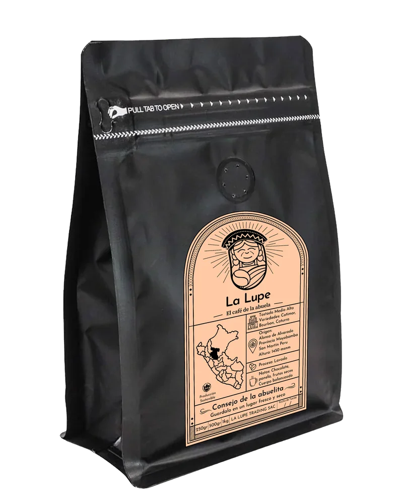 Bolsa de Café Peruano La Lupe con una prensa francesa