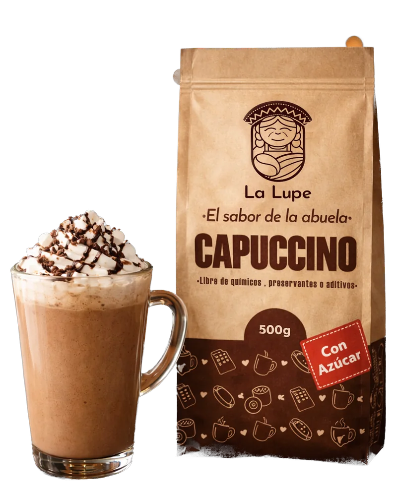 Bolsa de Capuccino La Lupe con una taza de capuccino